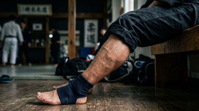 Martial artist's leg with visible veins, training in dojo