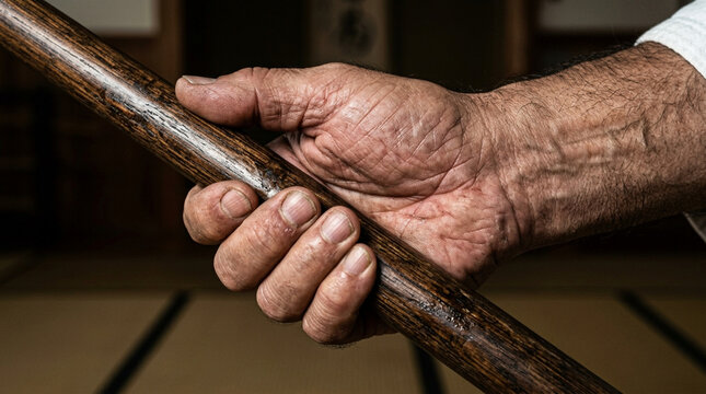 Martial Arts Master Hand Gripping Wooden Staff in Dojo, Close-up