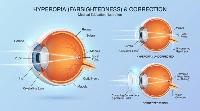 Medical education illustration of hyperopia and vision correction showing the difference between an uncorrected eye with a focal point behind the retina and a corrected eye using a convex lens.