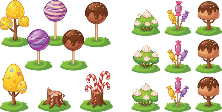Fantasy Candy and Sweet Dessert Tree Vector Icon Collection Featuring Chocolate Lollipops, Candy Canes, Lemon Drops, Meringue Bushes, and Wrapped Treats for Game Assets