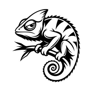A graphic illustration of a chameleon in profile, gripping a thin branch with its distinctive curled tail