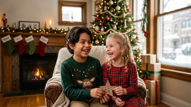 Joyful siblings share a festive moment by the fireplace and Christmas tree