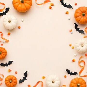 Festive halloween background with orange and white pumpkins black bats and candy corn border on beige