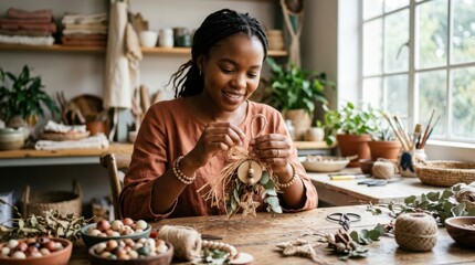 Obraz premium Woman crafting a rustic ornament with natural materials at a wooden table