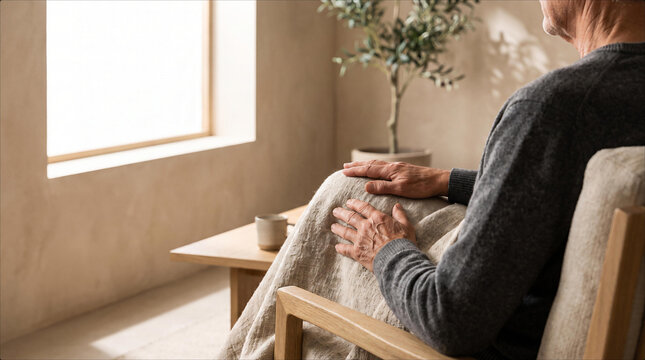 Active Senior Man Resting Quietly Cozy Japandi Interior Stealth Wealth Aesthetic Natural Light Neutral Palette Minimalist Living Space Calm Reflective Aging Gracefully Dignified Lifestyle Retirement