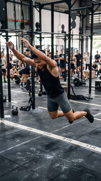 Dynamic Action of Southeast Asian man in his 20s During Burpee Broad Jumps Functional Fitness Exercise