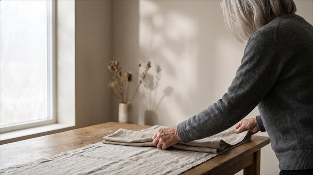 Active Senior Woman Folding Neutral Linen Tablecloth Japandi Minimalist Home Interior Soft Natural Lighting Stealth Wealth Aesthetic Mature Person Performing Household Tasks Quiet Luxury Lifestyle