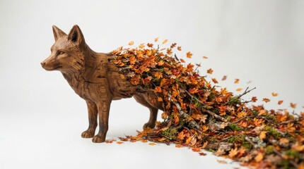 Fototapeta premium Wooden fox sculpture transforming into autumn leaves