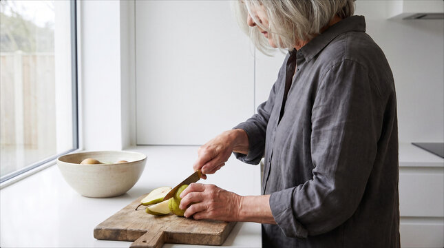 Active Senior Woman Slicing Fresh Pear on Wooden Cutting Board in Minimalist Japandi Kitchen Interior Mature Grey Haired Female Practicing Mindful Culinary Activity Lifestyle Concept Wealth Aesthetics