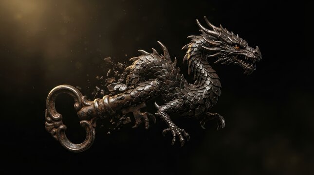 Fantasy dragon formed from a rustic antique key