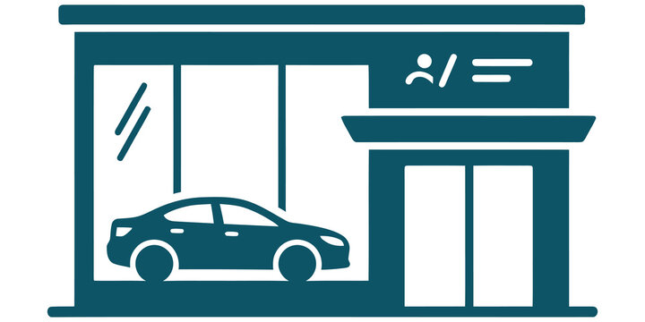 Blue car dealership building showroom store icon isolated on transparent background