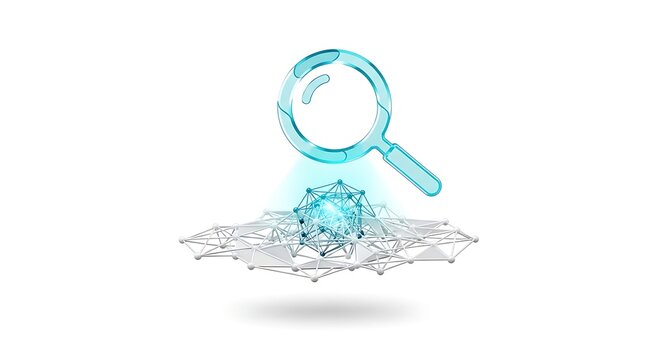 Magnifying glass over polygonal network with glowing core a digital illustration on white analysis assessment