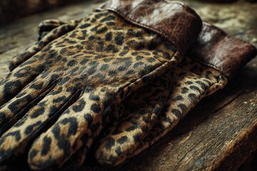 Obraz premium jaguar print gloves resting on wooden table