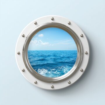 Tranquil ocean vista seen through a porthole showcasing a vibrant blue sky and soft rolling waves