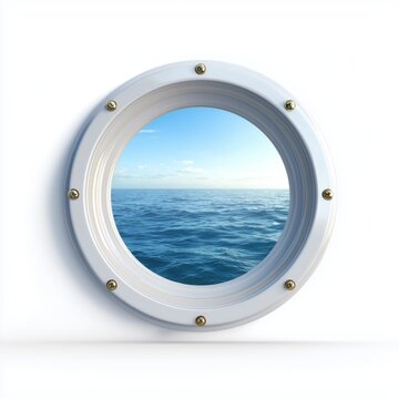 A peaceful view through a porthole showcasing the calm ocean and the vastness of the open sea