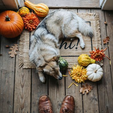 A fluffy dog lying on a welcome mat surrounded by autumn pumpkins and fall decor