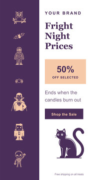 Spooky Halloween sale template with 50% off and festive creatures