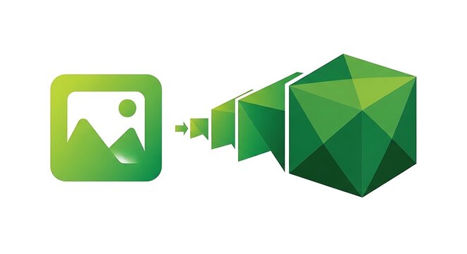 Image icon transforming into a faceted geometric shape a vector illustration with a green gradient