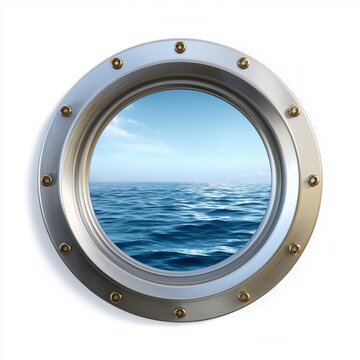 Serene view through a round porthole showcasing tranquil ocean waters beneath a bright blue sky