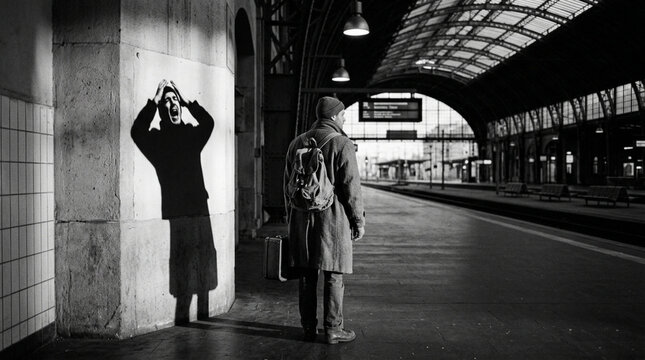Man at train station with shadow screaming on wall, waiting alone, monochrome