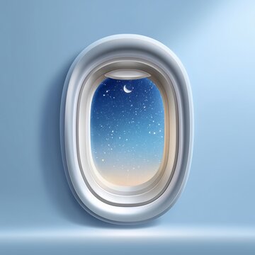 Peaceful view of the night sky from an airplane window showcasing twinkling stars and the glow of the moon