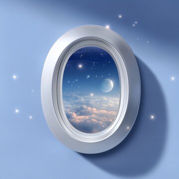 A whimsical perspective through an oval window revealing a starry night sky and soft clouds during twilight hours