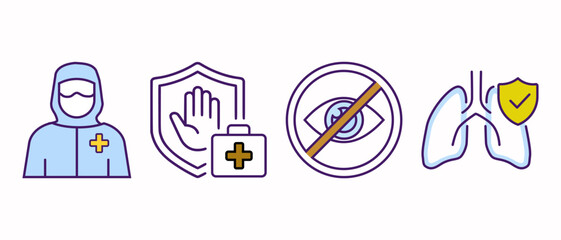 Fototapeta premium Medical safety icons pack. Doctors, lungs, virus shield, eye protection. Violet vector illustration set for healthcare and disease prevention.