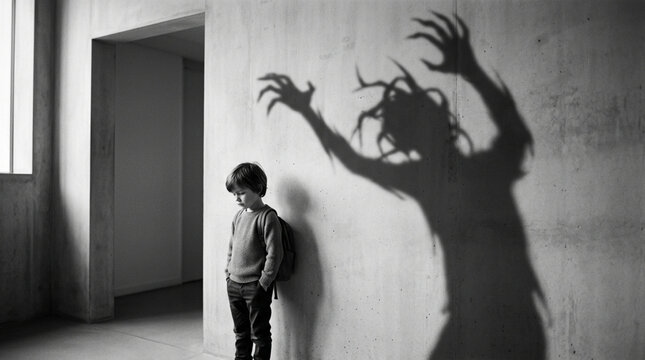 Childhood fears, shadow monster scares boy, concept of anxiety, psychological fear, dark imagination.