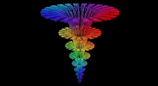 Colorful spiraling fractal form against a black background showcasing a complex three dimensional structure spiral