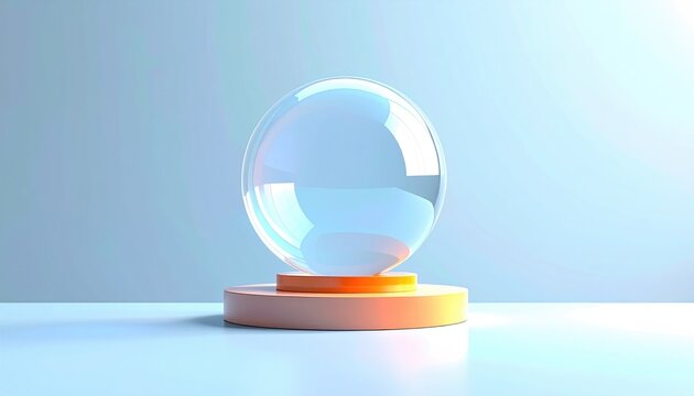 A clear glass orb rests on a smooth, cylindrical pedestal, bathed in soft light