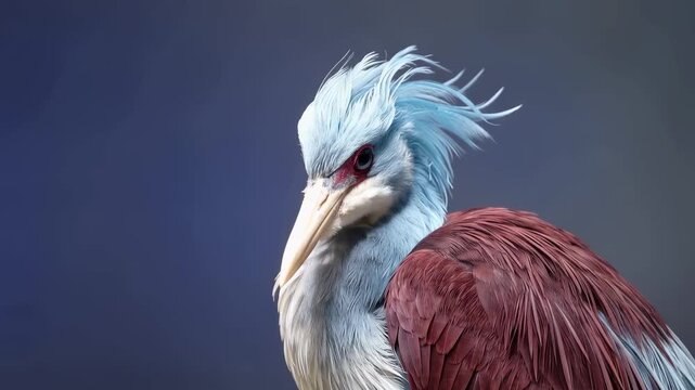 Panning slow motion tracking shot of colorful heron turning and preening head in studio portrait closeup; calm detailed study of plumage and beak