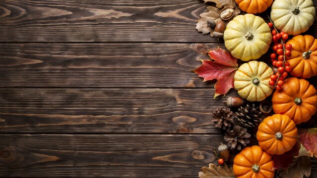 Autumn harvest background with colorful pumpkins and fall leaves on a rustic dark wooden surface