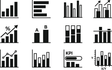 Obraz premium Set of black and white bar graph icons representing various business data analysis and financial growth statistics