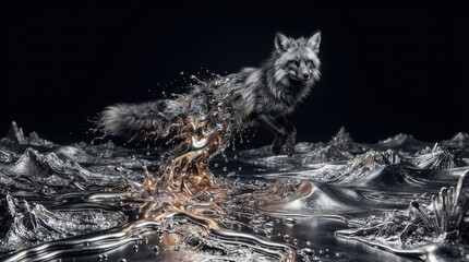 Fototapeta premium Fox emerging from a liquid silver surface