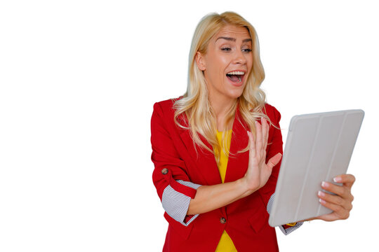 Blonde woman in red jacket making video call on digital tablet, waving hand and greeting online