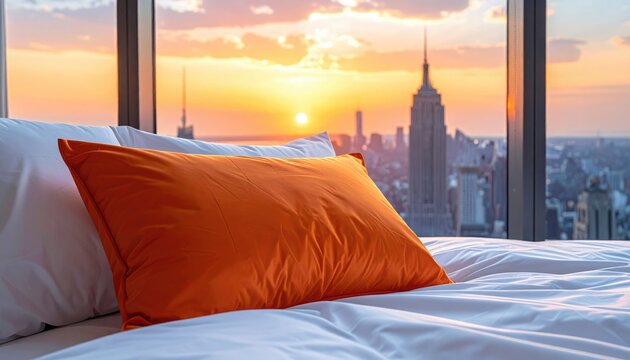 A cozy bed with an orange pillow faces a stunning city skyline at sunset