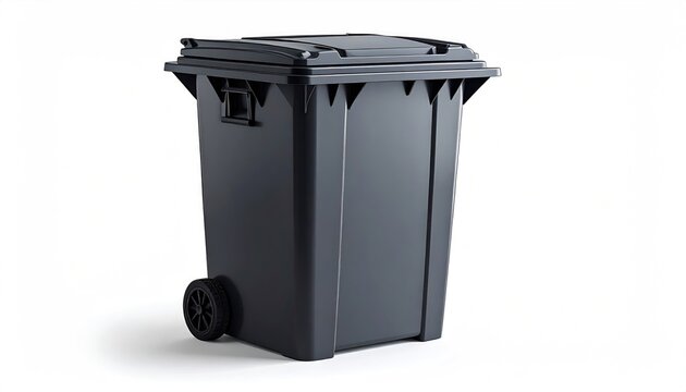 A dark grey, wheeled refuse bin with a closed lid, isolated on a white background