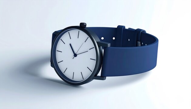 Minimalist wrist-worn timepiece with clean white dial and dark blue strap
