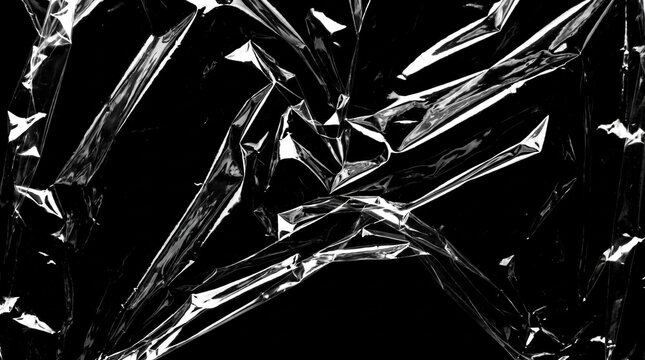 Abstract crumpled transparent plastic film texture over solid black background