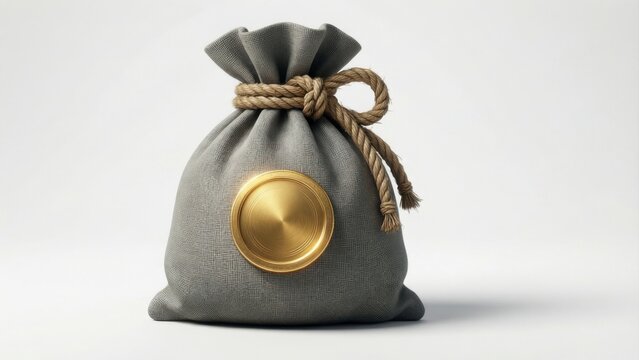 Gray fabric money bag with golden coin emblem