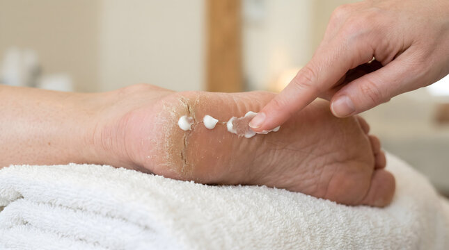 Close up view of a person applying moisturizing cream to a dry cracked heel on a foot resting on a white towel showing skin care treatment and health wellness