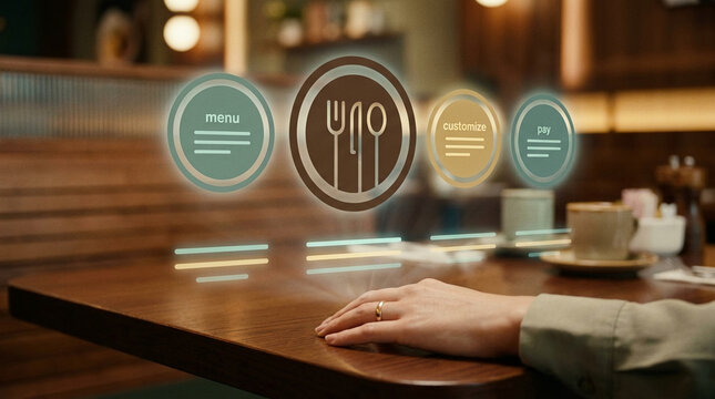 Futuristic dining experience with a holographic interactive menu interface displaying options like menu customize and pay at a restaurant table.