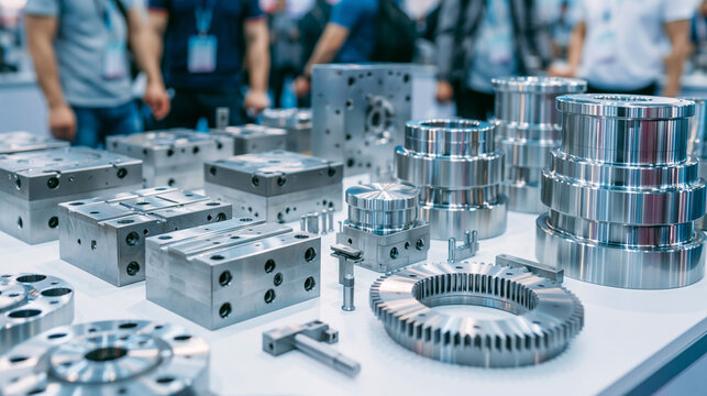 Selection of custom engineered steel molds and hardware components for industrial manufacturing exhibition.