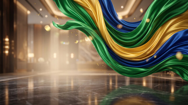 Elegant premium sale background inspired by Brazilian Independence Day featuring abstract flowing green, yellow and blue fabric waves with luxurious lighting and large copy space
