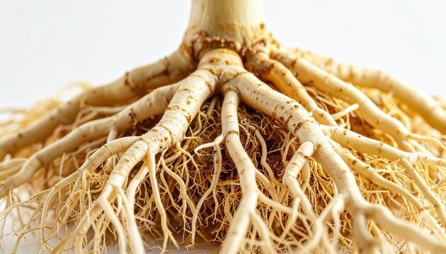 Intricate network of pale, fibrous roots spreading outwards from a central stem