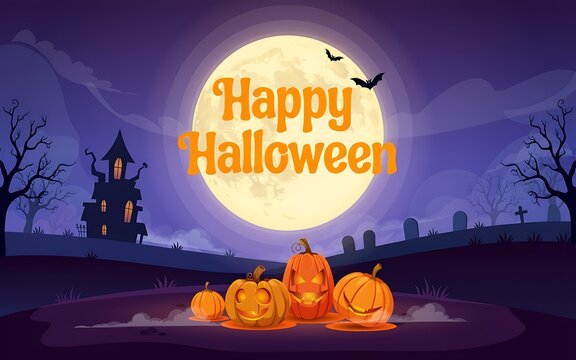Happy halloween greeting card design with carved pumpkins and a large full moon in the background