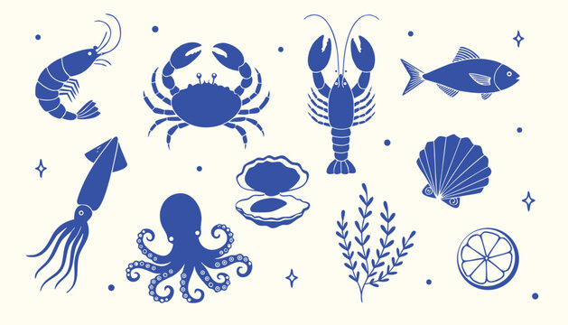 Blue seafood and shellfish vector silhouettes including lobster crab shrimp octopus squid fish and pearl oyster