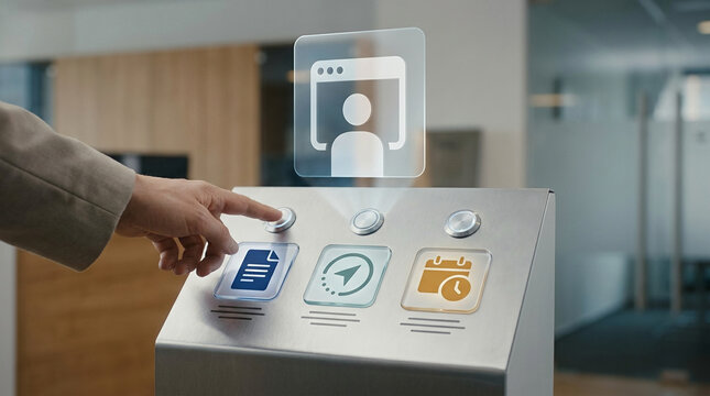 Man using an advanced interactive digital kiosk for office visitor registration with holographic icons for navigation and appointment scheduling