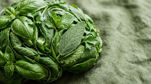 Close detail of culinary herbs in a leafy brain pattern