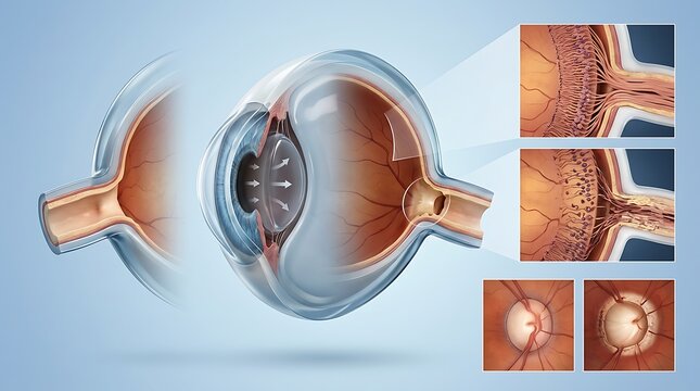 Detailed anatomical view of the human eye focusing on the optic nerve head, illustrating the difference between a healthy optic disc and one affected by glaucoma with visible cupping and nerve loss.